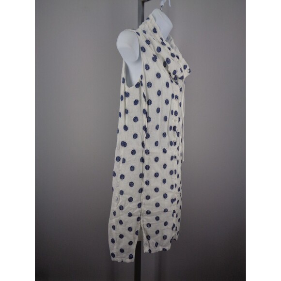 209 WST 38 Linen White Blue Polka Dot Tie Neck Sleeveless Button Dress Sz Small - Picture 4 of 12